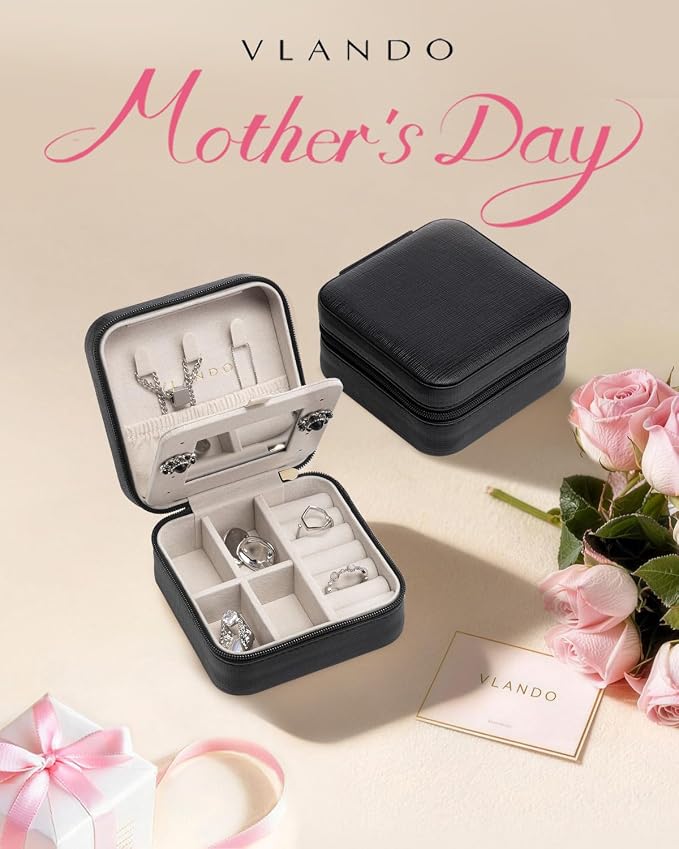 VLANDO Travel Jewelry Case, Mothers Day Mom Gifts, Small Jewelry Travel Organizer Box for Girls Women with Mirror Black - Image 2