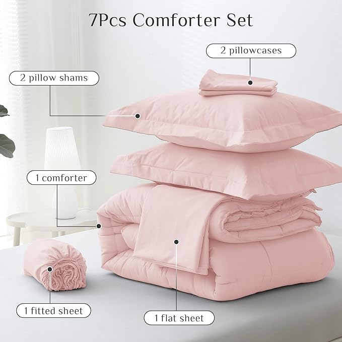 JOLLYVOGUE Full Comforter Set, Ultra-Soft Bed in a Bag Full Size 7 Pieces, Oeko-TEX Certified Bedding Set with Down Alternative Comforter, Sheets, Pillowcases & Shams, Blush Pink