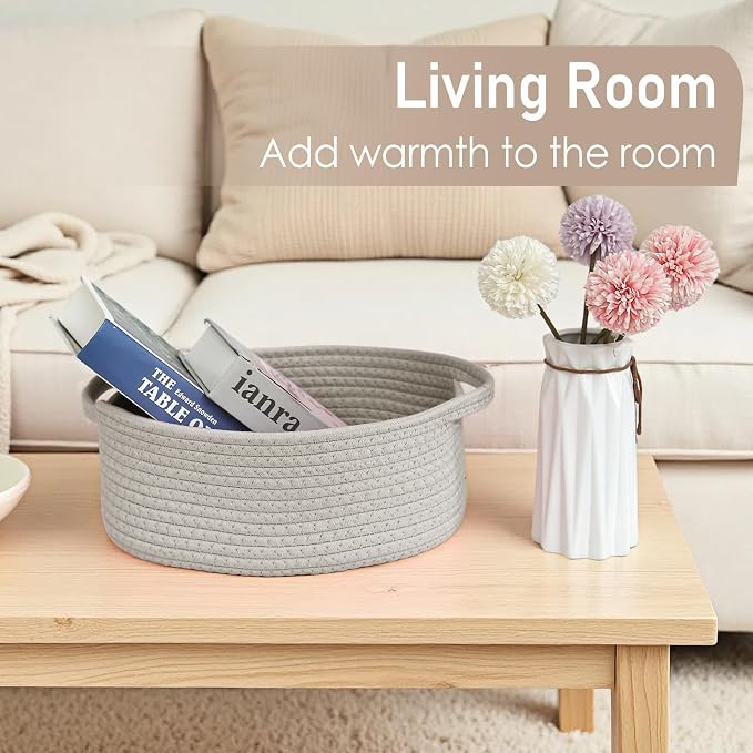 JMvicyroam Woven Basket,Small Rope Storage Bin with Handles & Ribbon Bag, Organizer for Shelves Closets,Gift Basket Empty for Birthday,Books,Dog Toys, Grey/2 Pack - Image 7