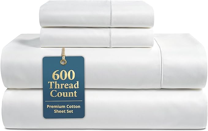 LANE LINEN California King Sheet Sets - 600 Thread Count Premium Sateen Weave for a Hotel Quality Experience - Thick & Breathable Cotton Sheets for Luxury Master Bedrooms - Oeko Tex Certified - White