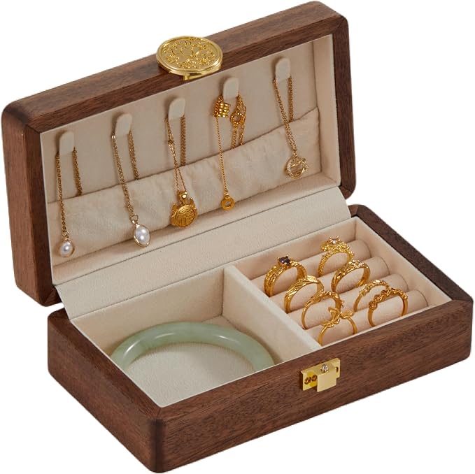 Travel Jewelry Case Wood Small Jewelry Box for Women Wood Jewelry Organizer Storage Holder For Earrings Rings Necklaces Velvet Wooden Jewelry Box With Lock by KAOTGOT