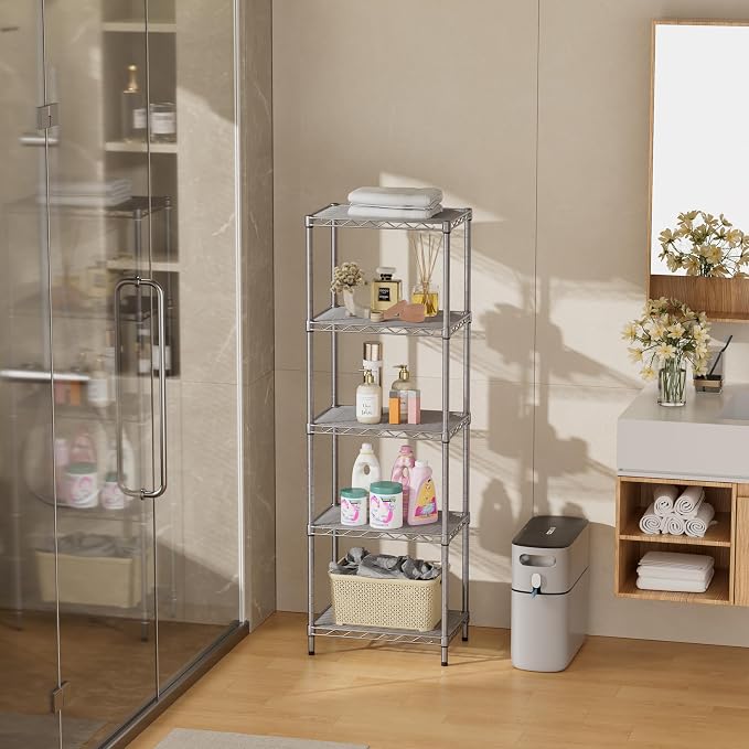 SINGAYE 5 Tier Shelf Wire Shelving Adjustable Storage Shelves Rack Standing Units for Kitchen Closet Laundry Bathroom Organizers Metal Pantry Narrow Mesh Gaps 10" D x 16" W x 55" H Gray - Image 8