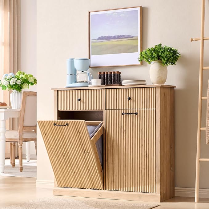 IFBUY Modern Double Tilt-Out Laundry Hamper Cabinet, 20 Gallon Fluted Trash Can Cabinet with 2 Drawers, Wooden Hidden Garbage Can Cabinets with Laundry Basket, for Bathroom and Kitchen, Natural Oak - Image 6