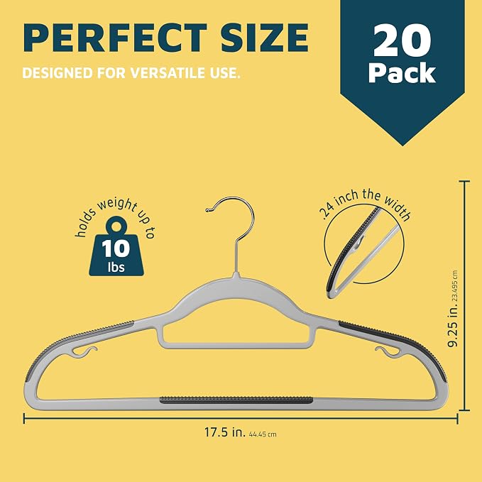 Lifemaster Plastic Clothes Hanger Set - 20 Pieces Versatile, Lightweight, Space-Saving, Non-Slip, Slim Designed, Dry and Wet Clothes Hanger Set with 360° Swivel Hook and Rubber Coating - Gray - Image 2
