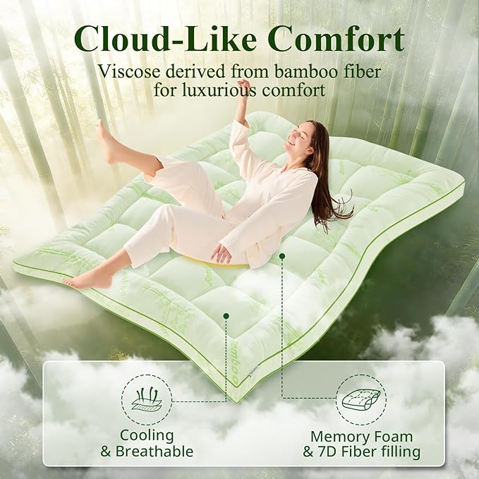 Memory Foam Mattress Topper - Viscose Made from Bamboo Pillow Top Thick King Size Mattress Pad for Back Pain, Ultra Soft & Cooling for Hot Sleepers, 6-18'' Deep Pocket, Green
