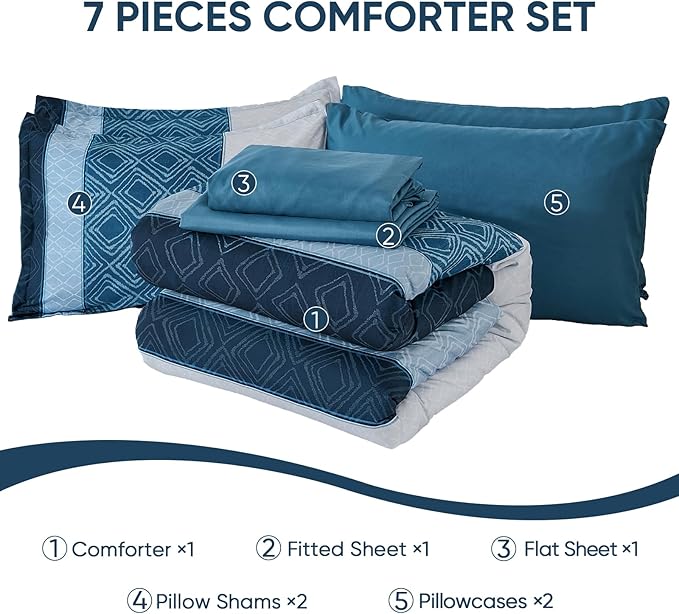 Dinjoy Navy Blue King Size Comforter Set,Striped Bed in a Bag King 7 Pieces Soft Microfiber Fall Bedding Comforters Sets with Sheet Boho Bed Complete Set for Men All Season