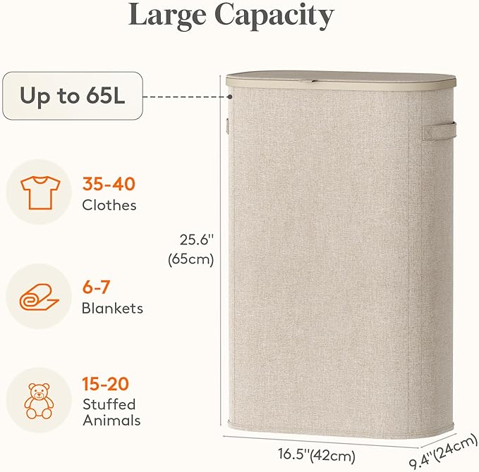Lifewit Slim Laundry Basket with Lid, Narrow Laundry Hamper with Plastic Handles and Removable Bag, Tall Foldable Dirty Clothes Hampers for Laundry Room, Bedroom, Bathroom, Dorm, 65L Beige - Image 3