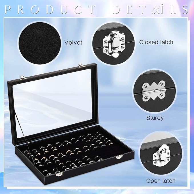 Yinkin 2 Pcs 100 Slots Ring Organizer Box with Transparent Glass Lid Necklace Display Tray Ring Case Velvet Jewelry Holder(Ring) - Image 3