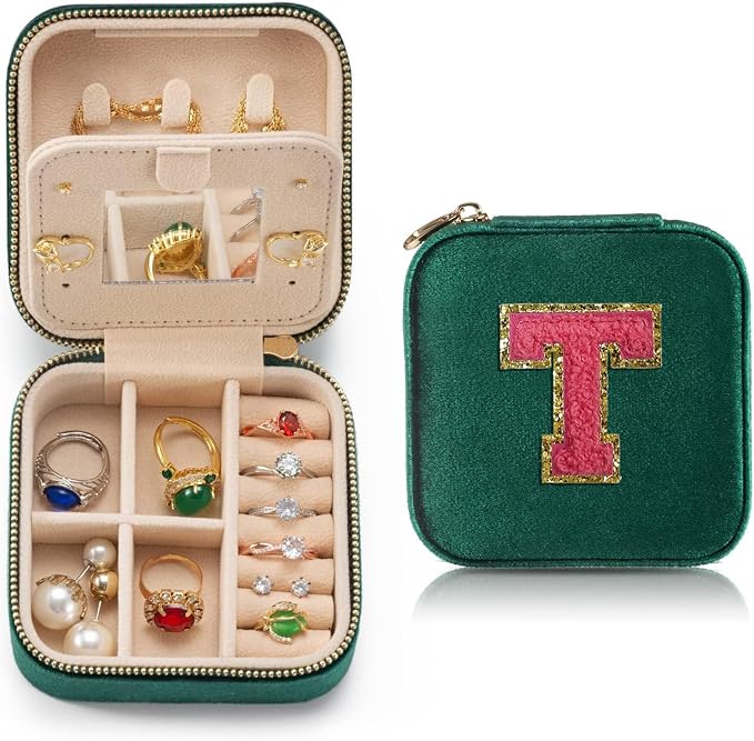 Personalized Small Velvet Travel Jewelry Case for Women Ring Necklace Earring Holder Organizer Box with Mirror, Velvet Green Jewelrys Case Girls Jewelryes Box,Birthday Gifts Mom Letter T by HKDSGF