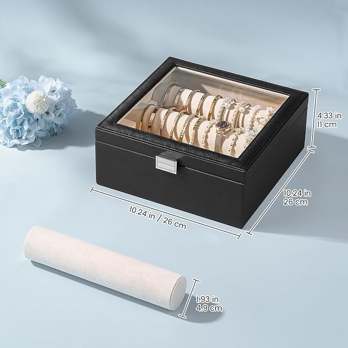 Lolalet Bracelet Display Holder with Rods for Bangles Watches, Clear Lid Jewelry Organizer Box Storage Case for Mothers Day Gifts -Black, 3 Rolls - Image 5