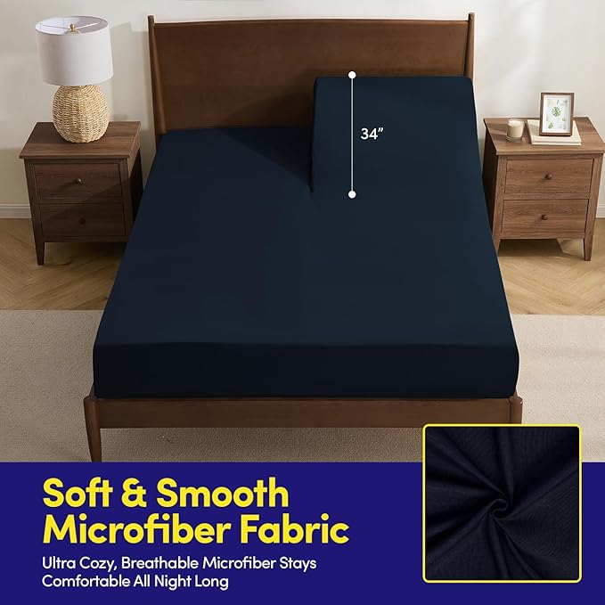 Split Head King Sheets Set for Adjustable Beds 4 Piece Flex Top Bed Sheets – Deep Pocket Split Top Fitted Sheet with Built-in Corner Straps, Luxury Soft Cooling Bedding, Wrinkle Resistant, Navy