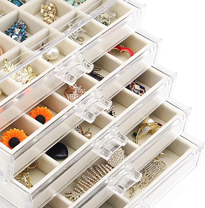 Watpot Acrylic Jewelry Box with 5 Drawers, Clear Earring Storage Organizer Display Case for Women Girls, Beige - Image 6