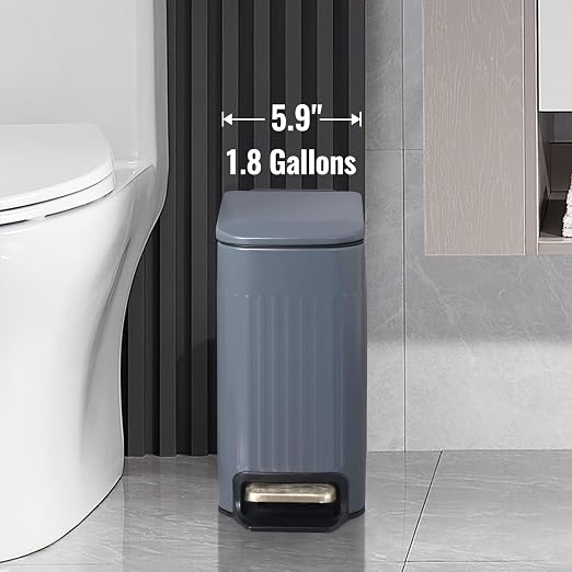 SYNCVIBE Slim Bathroom Trash Can with Lid Soft Close, Stainless Steel Garbage Can Step Trash Bin with Removable Inner Bucket for Bedroom, Office, Kitchen (Matt Grey, 1.8 Gallons) - Image 2