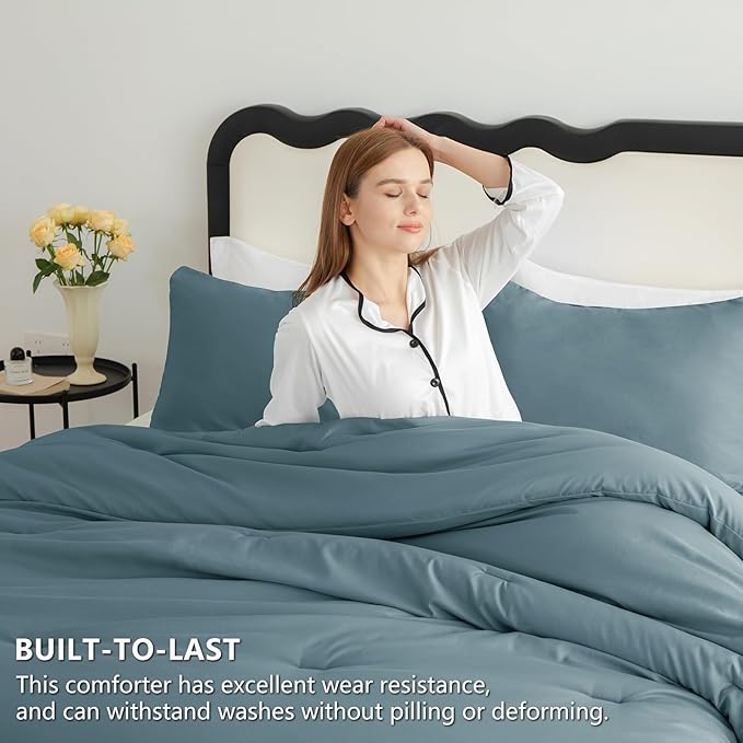 CozyLux King Size Comforter Set Mineral Blue, 3 Pieces Solid Comforters King Size Breathable Quilted Bedding Sets, Luxury Soft Lightweight Bed Set with Down Alternative Comforter and 2 Pillowcases