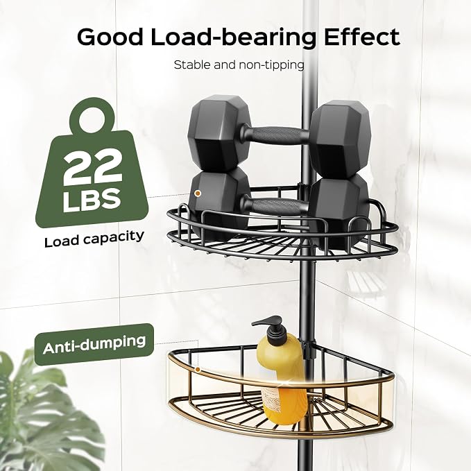 HAMITOR Corner Shower Caddy Tension Pole: 4-Tier Rust-Resistant Adjustable Bathroom Organizer Shelves - 47-121 Inch No-Drill Quick Installation - Space-Saving Storage for Renters Families - Black - Image 6
