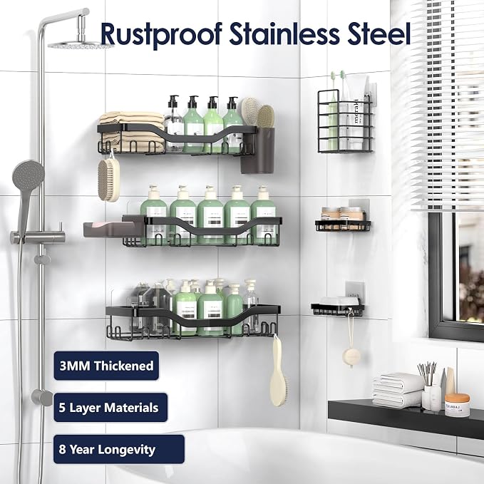 NESOMI Shower Caddy Adhesive Shower Organizer 8-Pack, Rustproof Stainless Steel Bathroom Shelves, Large Capacity No-Drill Rack Storage Accessories with Soap Dish Toothbrush Holder Hooks - Image 5