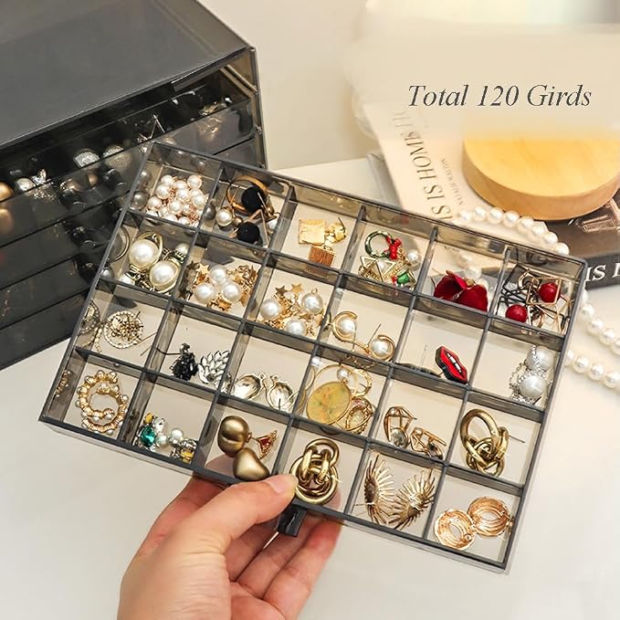 YUFONG Earring Storage Box Organizer, Acrylic Jewelry Storage Box Holder 5 Drawers Transparent Jewelry Display Stand with 120 Small Compartments Gift Boxes for Women Girls (Clear Black) - Image 3