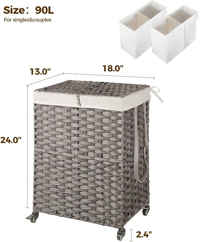 Greenstell Laundry Hamper with Wheels, No Install Needed, 90L Divided Handwoven Hampers & 2 Removable Liner Bags, Rattan Clothes Laundry Basket with Lid & Handles, Foldable Hampers Gray 18x13x26.4 In - Image 5