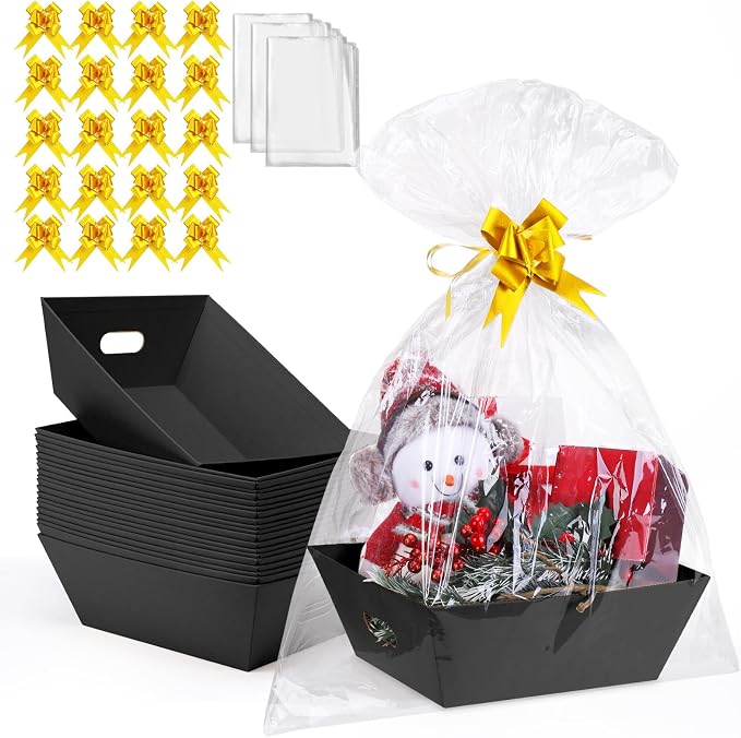 AFOROEOA 20PACK Baskets for Gifts Empty, 10x12”Thick Black Gift Basket with 20 Bows 20 Bags Empty Gift Baskets for Christmas, Valentine’s Day, Easter, Birthdays, Snacks, Farmers Market by AFOROEOA