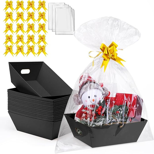AFOROEOA 20PACK Baskets for Gifts Empty, 10x12”Thick Black Gift Basket with 20 Bows 20 Bags Empty Gift Baskets for Christmas, Valentine’s Day, Easter, Birthdays, Snacks, Farmers Market by AFOROEOA