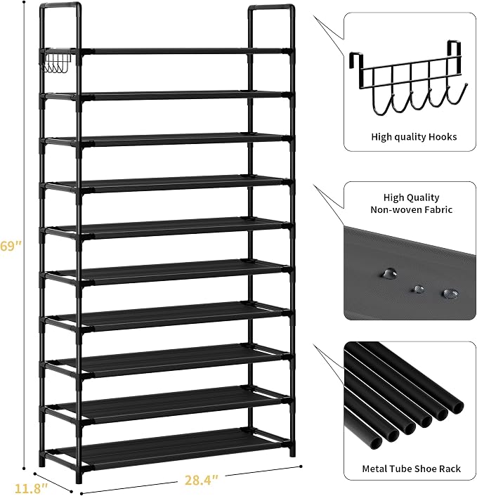 Shoe Rack, 10 Tier Shoe Storage Organizer with Hooks,Fit 40-45 Pairs Shoes,Nonwoven Fabric Tall Shoe Shelf for Closet,Entryway, Hallway,Garage,Bedroom,Cloakroom - Image 3