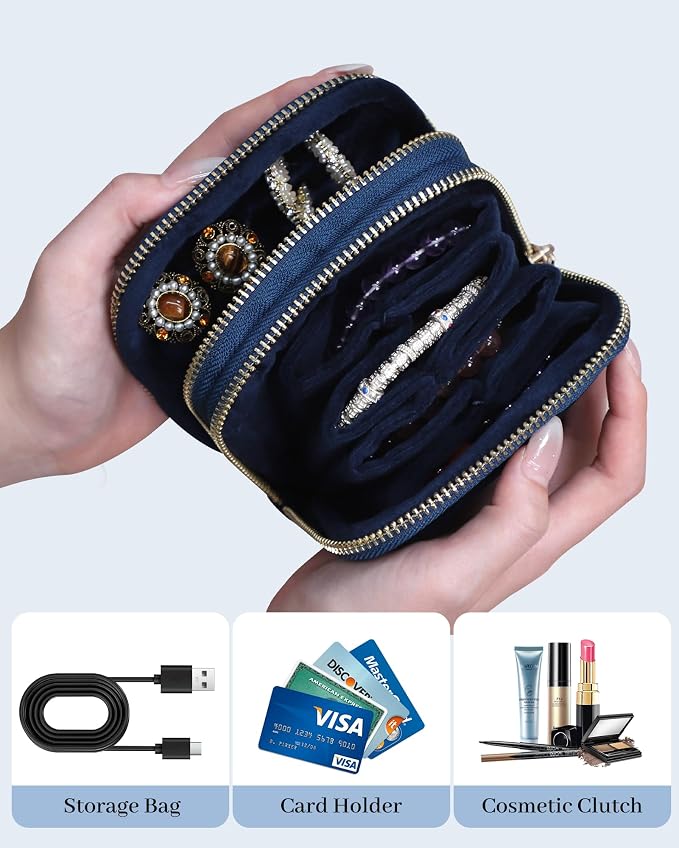 Stratalife Travel Jewelry Case Organizer 2-Layer Compact Storage Bag for Rings Earrings Necklace Bracelet Portable Velvet Jewelry Pouch with Zippers Travel Essential Gift for Women Navy Blue - Image 3