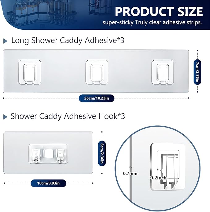 Shower Caddy Adhesive Replacement Hooks, Strong Waterproof Strips, No Drilling for Bathroom Shelves, Kitchen Racks, and Soap Holders (Transparent-6 Pack 1&3 Hook) - Image 5