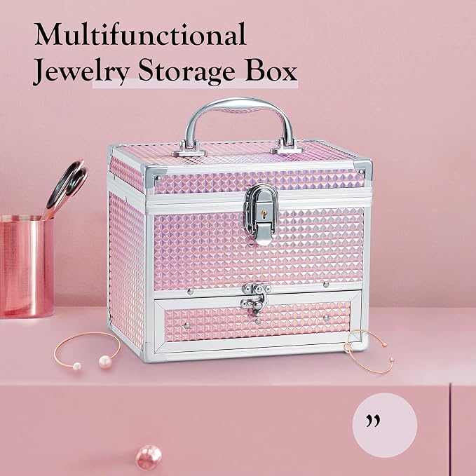 Hododou Girls Jewelry Box Organizer with Drawer & Mirror, Shiny Pink Style Lockable Storage Case for Kid or Little Girls Jewelry and Hair Accessories - Image 6