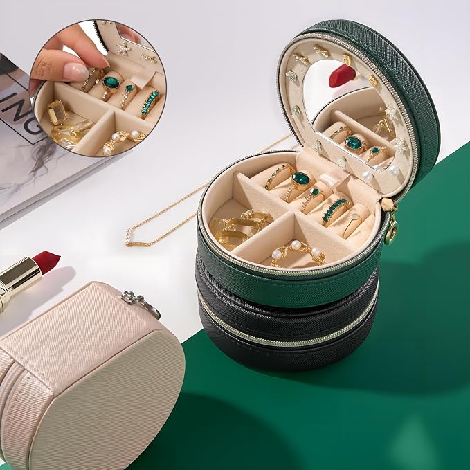 ProCase Travel Size Jewelry Box, Mini Portable Seashell-Shaped Jewelry Case with Mirror, 2 Layer Organizer in PU Leather for Women -Emerald - Image 2