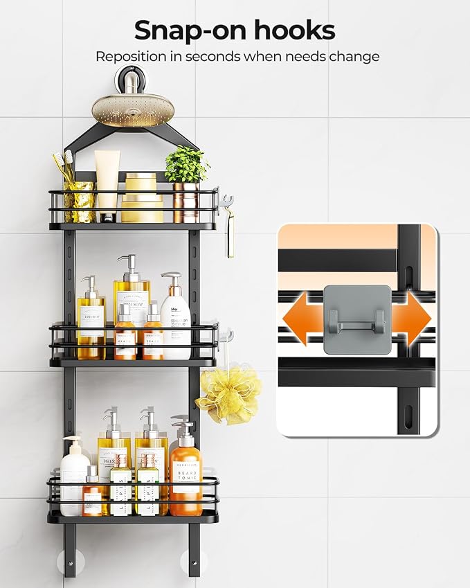 ODesign 3 Tier Height-Adjustable Shower Caddy Hanging Hanger Anti-Swing-Over The Shower Head Caddy-Shower Storage Organizer Bathroom Shelves Basket Shower Caddies-Black,11.9" x 4.84" x 36.2" - Image 8