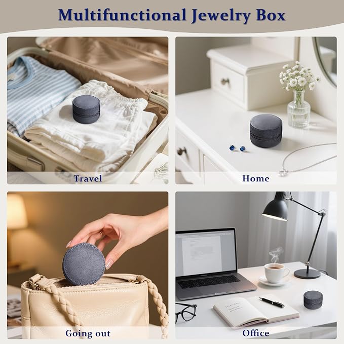 CONBOLA Travel Jewelry Case Small Jewelry Box for Women Girls,Round Velvet Mini Jewelry Travel Organizer,Portable Jewelry Box for Rings Earrings Necklaces Bracelets.(Grey,Small) - Image 7