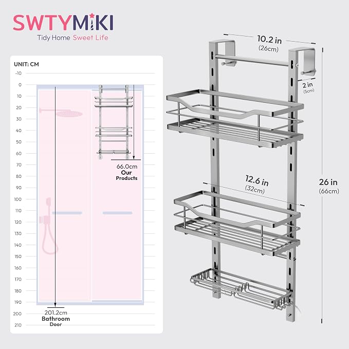 SWTYMIKI Over the Door Shower Caddy - 3 Tier Adjustable Shower Organizer Hanging with Soap Holder, No Drilling Stainless Steel Bathroom Rack Hanging for Body Wash, Shampoo, Soap, Razor, Silver - Image 7