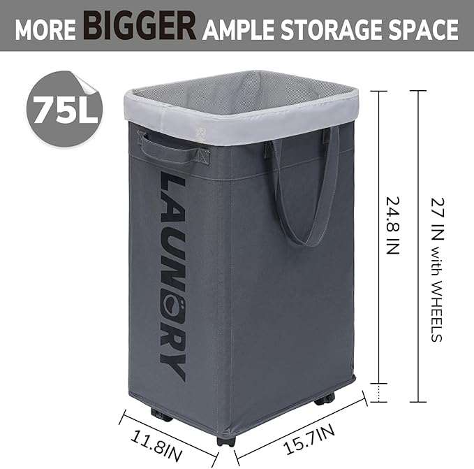 Goodpick Laundry Basket with Wheels, Laundry Hamper with Removable Wash Bag, Clothes Hamper, Rolling Laundry Basket, Dorm Room Essentials, 75L, Grey - Image 3