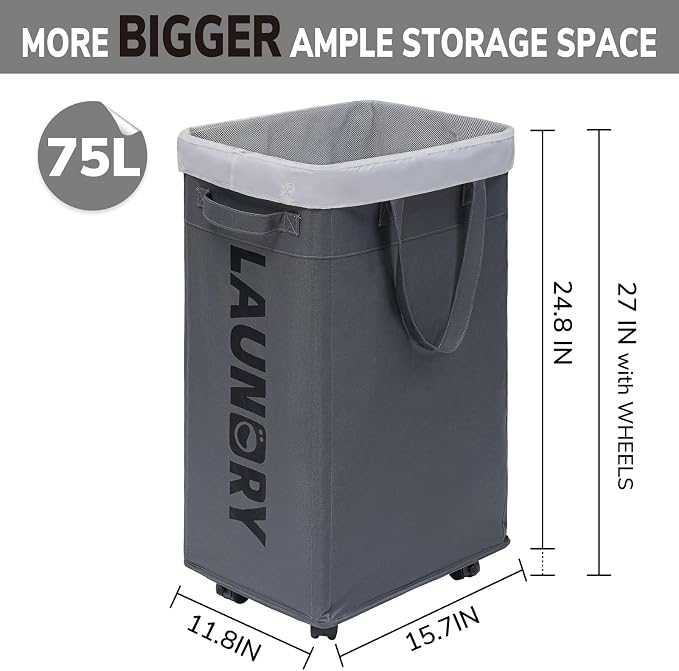Goodpick Hamper with Wheels, 2-Pack 75L Foldable Laundry Baskets with Removable Wash Bags, Dirty Laundry Basket for Corner Dorm,Grey - Image 3