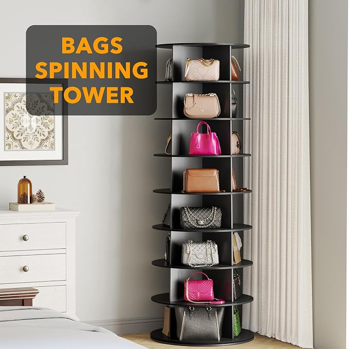 SpaceAid 8 Tier Rotating Shoe Rack Tower, Spinning Shoe Display Lazy Susan, Revolving 360 Shoe Rack Storage Round Carousel, Vertical Handbag Rotate Shoes Closet Organization (8-Tier Black) - Image 5