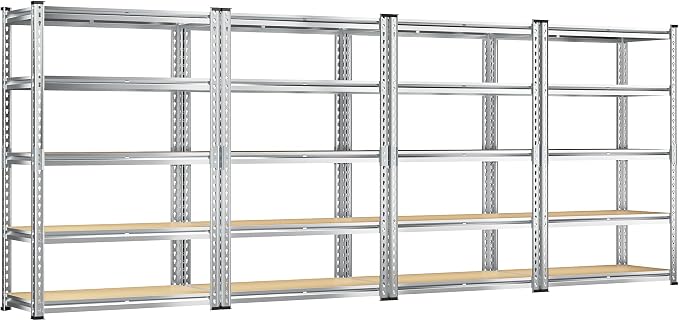 REIBII Garage Shelving, 5 Tier Storage Shelves Load 2400LBS, Adjustable Garage Shelving Heavy Duty, Metal Shelving Unit with Waterproof Columns, 35.5" W x 11.9" D x 72" H, Galvanized, 4 Pack by REIBII