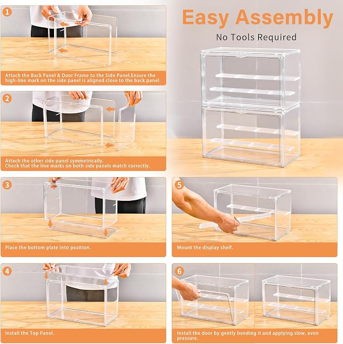 Freebat Clear Acrylic Display Case for Collectibles - 3-Tier Adjustable Figure Display with Magnetic Door & Removable Shelves,Stackable Dispaly box for Figures - 2 Pack - Image 9