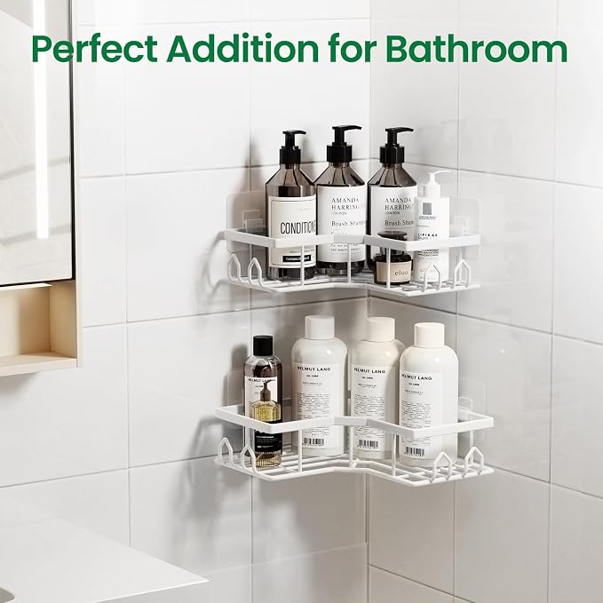Adhesive Shower Caddy, 2 Pack Corner Bath Organizer, Rustproof Stainless Steel Shower Shelves with Large Capacity, No Drilling Shelves for Bathroom Storage, Home, Kitchen Décor (White). - Image 7