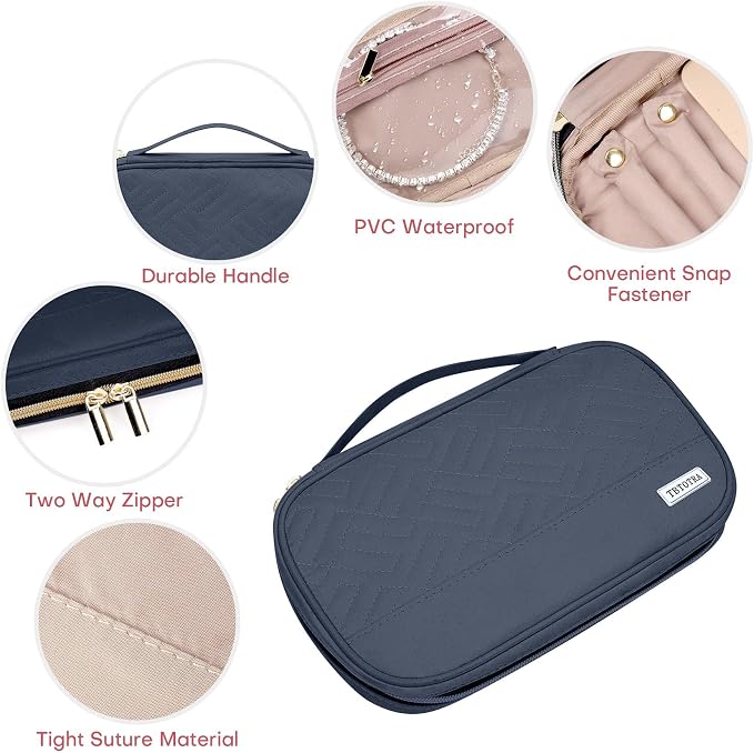 Jewelry Travel Case Organizer for Necklaces, Earrings, Rings, Bracelet, Watch, Soft Sided, Blue - Image 4