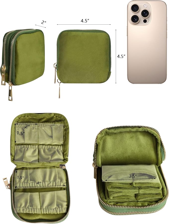 Stratalife Travel Jewelry Case Organizer 2-Layer Compact Storage Bag for Rings Earrings Necklace Bracelet Portable Velvet Jewelry Pouch with Zippers Accessories Travel Essential Gift for Women Green - Image 5