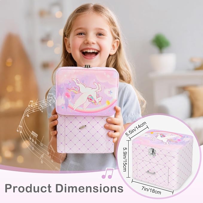 Basumee Musical Jewelry Box for Girls PU Leather Music Box with Drawer Large Kids Jewelry Organizer with Unicorn/Ballerina Jewelry Storage for Little Girls Ages 3–10, Birthday & Holiday Present - Image 2
