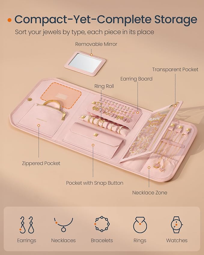SONGMICS HOME Travel Jewelry Case, Foldable Jewelry Organizer with Mirror, Sectioned Storage, Large Capacity, Woven Embossed PU Leather, Gift Idea, Jelly Pink UJBC196R01 - Image 4