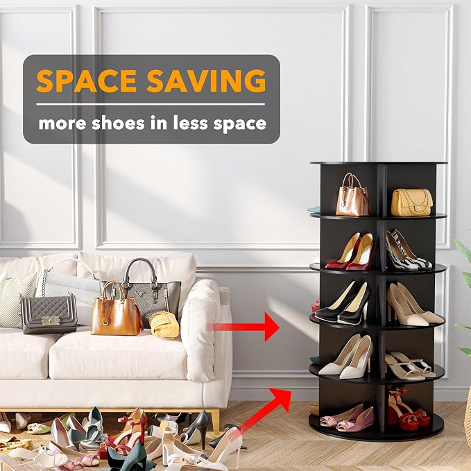 SpaceAid 5 Tier Rotating Shoe Rack Tower, Spinning Shoe Display Lazy Susan, Revolving 360 Shoe Rack Storage Round Carousel, Vertical Handbag Rotate Shoes Closet Organization (5-Tier Black) - Image 3