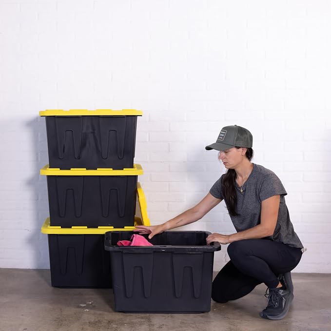 Plastic 23-Gallon Storage Tote with Lockable Lid, Stackable Tough Regular-Duty Bin for Garage, Tools, and Home Organization (2-Pack) - Black and Yellow - Image 6