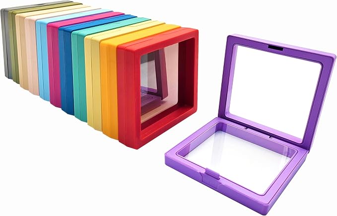 12PCS 3D Floating Frame Display Stand, Jewelry Box, Gift Box, Ornament Organizer, Small Travel Jewelry Box, PE Film Anti-Oxidation, Suspended Display Box Stackable (Multicolour, 3.54 * 3.54) by Unknown
