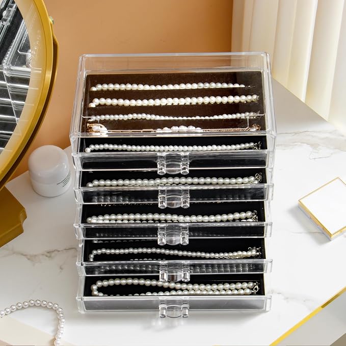 YUFONG Necklace Holder Organizer, Dustproof Necklace Box Velvet Necklace Organizer Box with Lid Clear Acrylic Dustproof Stackable Jewelry Displays for Necklaces Chain Display (Black, 5 Drawer) - Image 4