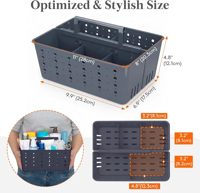 Lifewit Shower Caddy Portable, Cleaning Supplies Caddy Organizer with Handle and Adjustable Dividers, Plastic Shower Basket for Dorm Room Essentials, College, Bathroom, Slate Blue, 2 Packs - Image 2