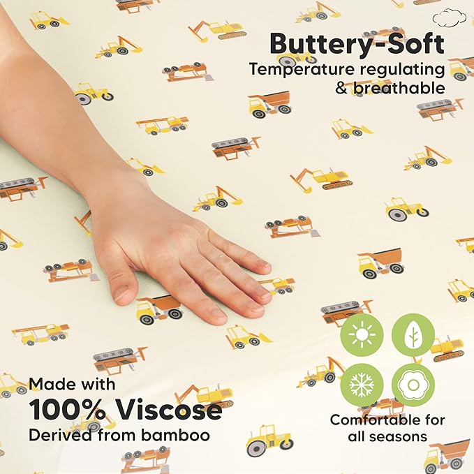 Pack and Play Sheets Fitted - 2-Pack Mini Crib Sheets for Pack N Play Mattress 38x26, Soft & Cozy, Neutral Toddler Playard Bedding, Snug Fitted Mini Baby Crib Mattress Cover Boy, Girl (Construction)
