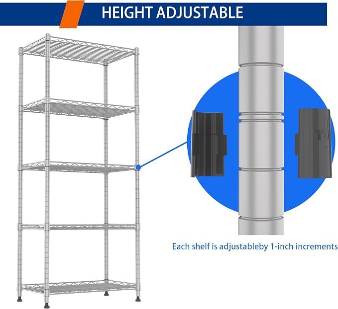 REGILLER 5-Wire Shelving Metal Storage Rack Adjustable Shelves,Standing Storage Shelf Units for Laundry Bathroom Kitchen Pantry Closet(Silver,11.8" D x 21.2" W x 53.5" H) - Image 7