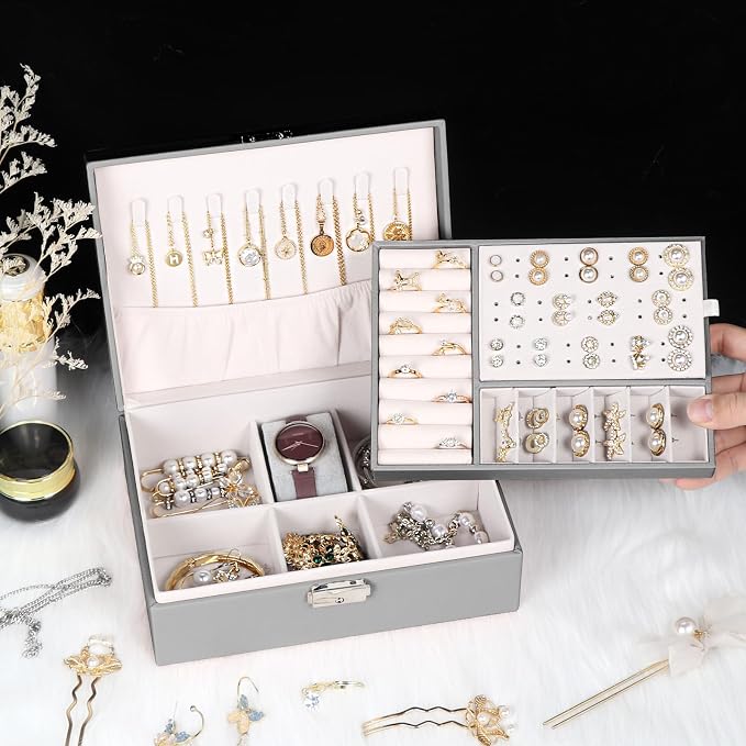 Jewelry Box for Women Girls, 2 Layers Jewelry Organizer Container with Lock, PU Leather Storage Case with Removable Tray, Jewelry Display Box for Necklaces Earrings Bracelets Rings Watches (Grey) - Image 5